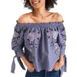 American Eagle Off Shoulder Striped Floral Embroidered Summer Blo…